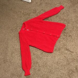 Bright Red Ribbed Button-Up Cardigan Sweater